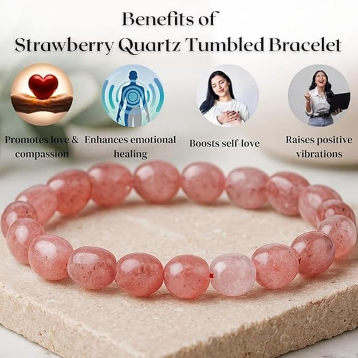 BRAHMAGYAAN Natural Strawberry Quartz Bracelet – Handmade Pink Strawberry Quartz Gemstone Bead Stretch Bracelet for Love, Joy & Everyday Elegance
