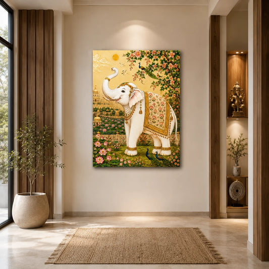 Brhmagyaan White Elephant Painting – Elegant Royal Elephant Wall Art for Home, Office, Living Room & Bedroom Décor