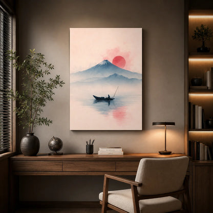 Brhmagyaan Serene Mountain Lake Painting – Peaceful Mountain Landscape with Boat, Sunrise & Water Reflection Wall Art for Home, Living Room, Bedroom & Office Décor