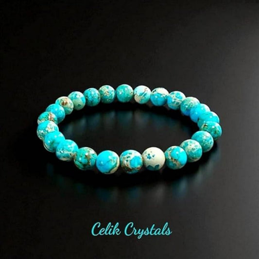 BRAHMAGYAAN Natural Blue Imperial Jasper Bracelet – Handmade Blue Gemstone Bead Stretch Bracelet for Serenity, Balance & Everyday Elegance