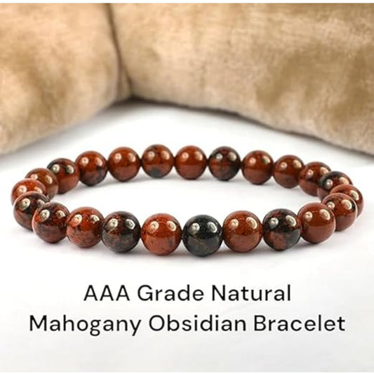 BRAHMAGYAAN Natural Mahogany Obsidian Bracelet – Handmade Brown & Black Obsidian Gemstone Bead Stretch Bracelet for Strength, Protection & Everyday Style