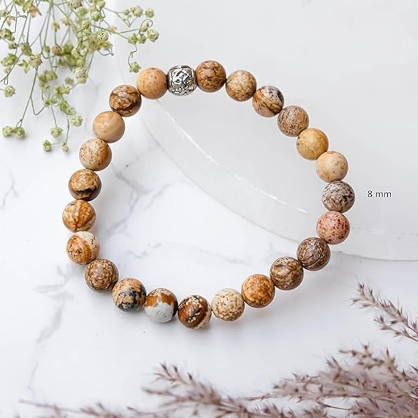 BRAHMAGYAAN Natural Picture Jasper Bracelet – Handmade Picture Jasper Gemstone Bead Stretch Bracelet for Grounding, Stability & Everyday Elegance