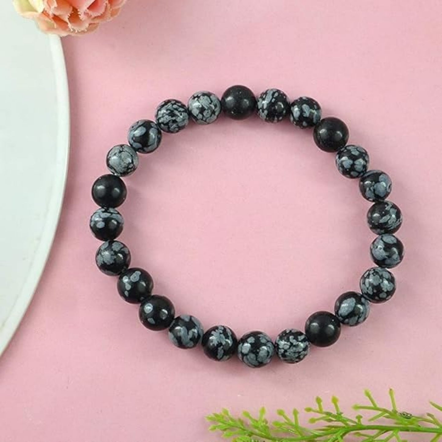 BRAHMAGYAAN Natural Snowflake Obsidian Bracelet – Handmade Snowflake Obsidian Gemstone Bead Stretch Bracelet for Balance, Protection & Everyday Elegance