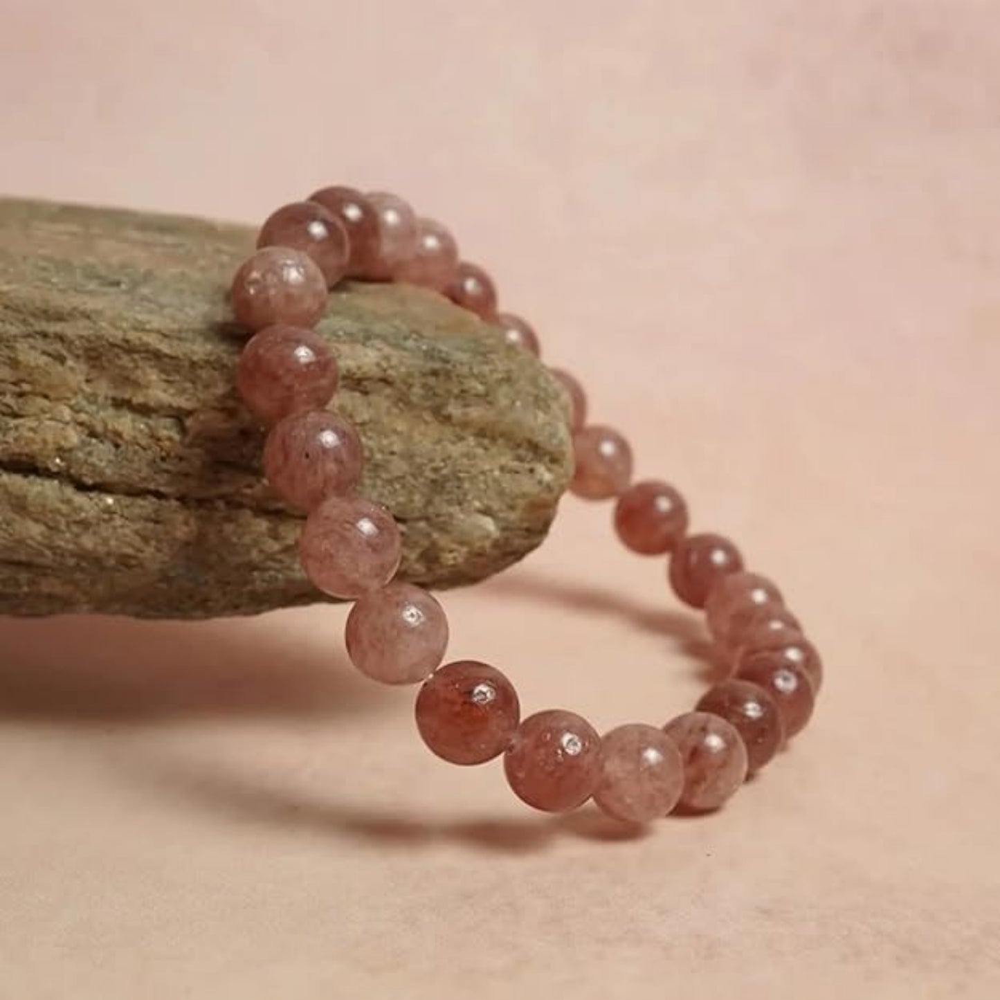 BRAHMAGYAAN Natural Strawberry Quartz Bracelet – Handmade Pink Strawberry Quartz Gemstone Bead Stretch Bracelet for Love, Joy & Everyday Elegance