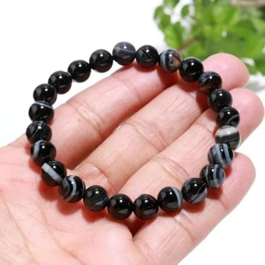 BRAHMAGYAAN Natural Sulemani Agate Bracelet – Handmade Black Agate Gemstone Bead Stretch Bracelet for Protection, Balance & Everyday Elegance