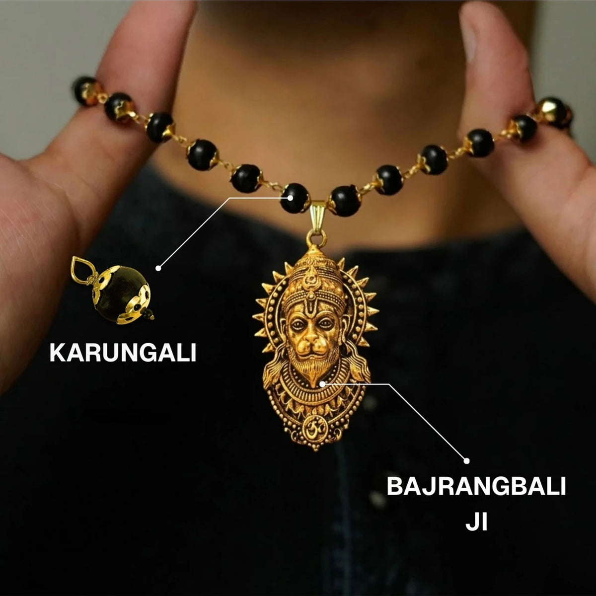 Brhmagyaan Brahmagyaan Gold Plated Bajrangbali Karungali Spiritual Necklace Beads Rudraksha Necklace