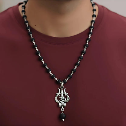 Brhmagyaan Brhmagyaan Silver Plated Karungali Necklace with Trishool Pendant Brass Necklace Beads Wood Pendant Set