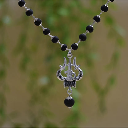 Brhmagyaan Brhmagyaan Silver Plated Karungali Necklace with Trishool Pendant Brass Necklace Beads Wood Pendant Set