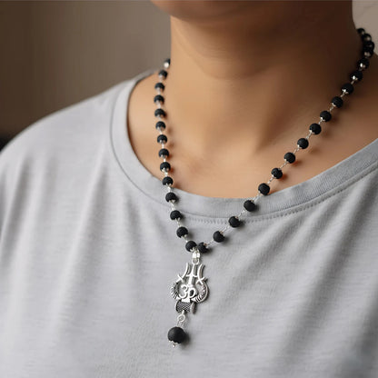 Brhmagyaan Brhmagyaan Silver Plated Karungali Necklace with Trishool Pendant Brass Necklace Beads Wood Pendant Set