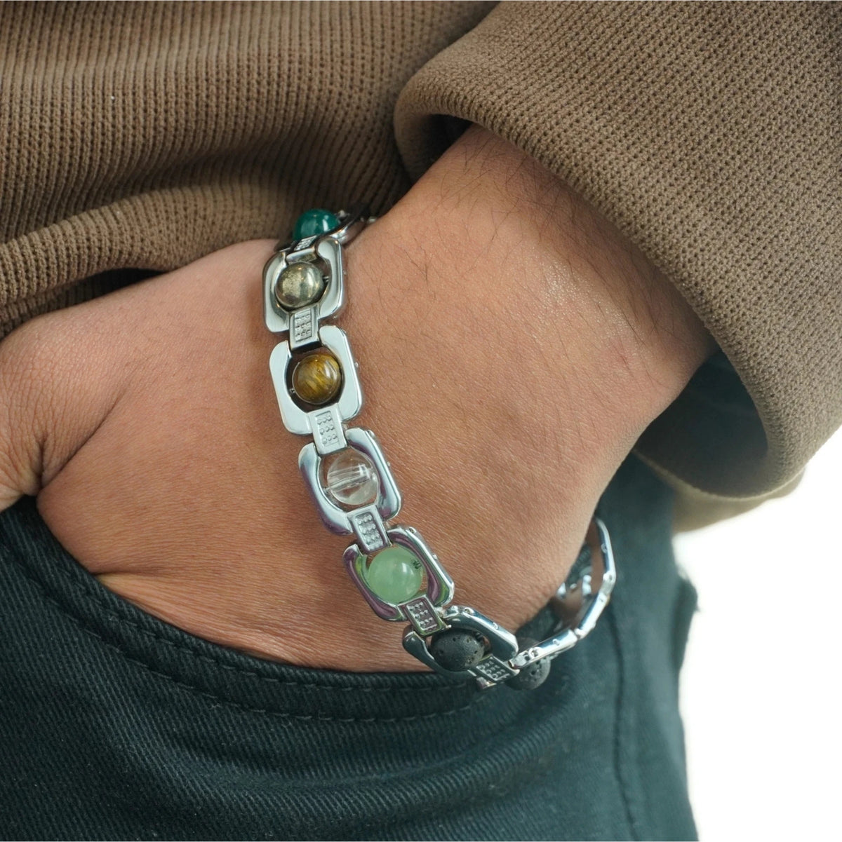 Brhmagyaan Pyrite, Hematite, Green Aventurine, Tiger's Eye, Citrine, Green Jade Jade Bracelet