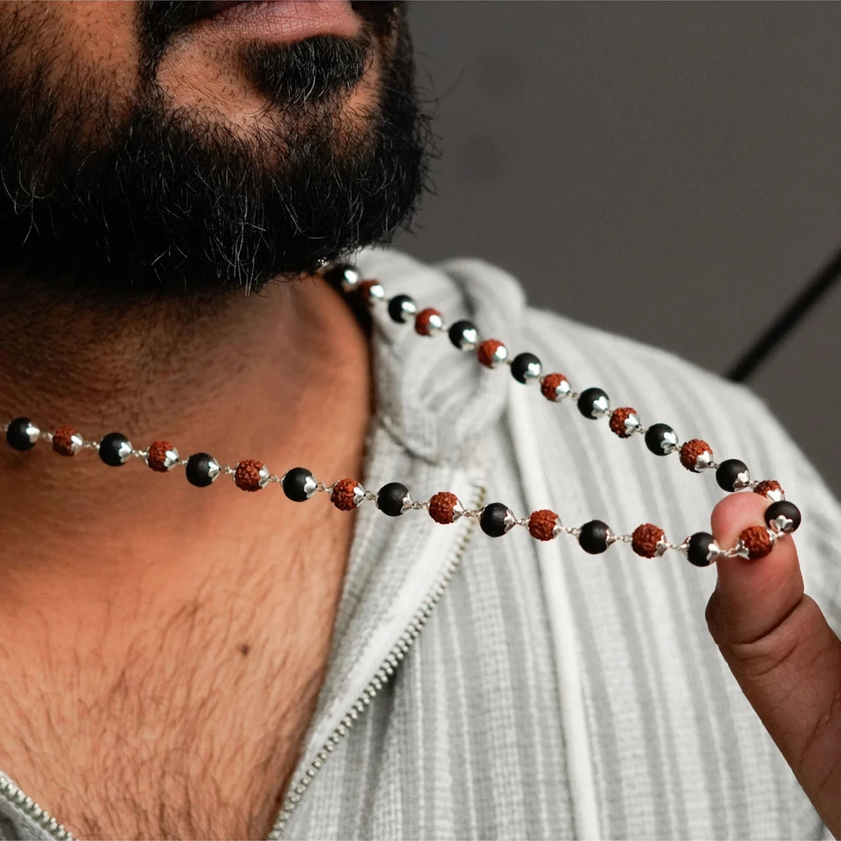 Brhmagyaan Brhmagyaan Silver Plated Divya Rudraksha Karungali Mala Silver Plated Wood Beads Rudraksha Necklace
