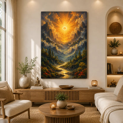 Brhmagyaan Sunrise in Radiant Valley Painting – Beautiful Sunrise Mountain Landscape Wall Art for Home, Living Room, Bedroom, Office & Nature Décor