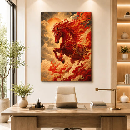 Brhmagyaan Fire Horse Painting – Powerful Running Horse Wall Art Symbolizing Energy, Strength, Success & Positive Vastu Energy for Home, Office & Living Room Décor