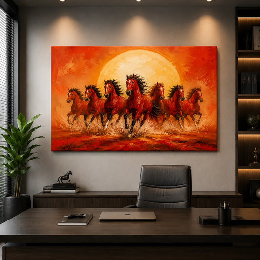 Brhmagyaan Red Seven Horses Painting – Vibrant Seven Running Horses Wall Art for Home, Living Room, Office & Positive Energy Décor