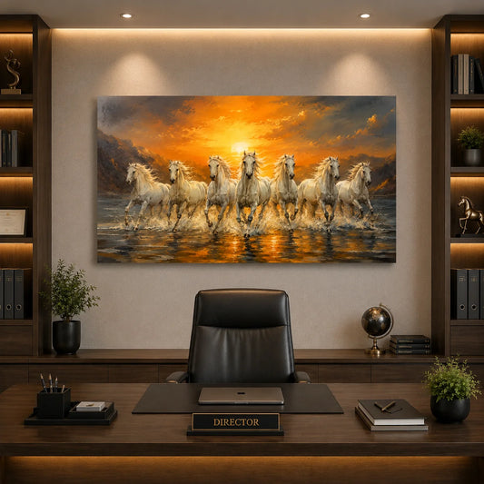Brhmagyaan White Seven Horses – Vastu Wall Painting for Success, Progress, Strength, Prosperity & Positive Energy