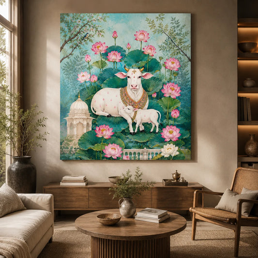 Brhmagyaan Sacred Kamdhenu Painting – Divine Holy Cow with Calf and Pink Lotus Flowers for Prosperity, Abundance, Peace & Positive Energy | North-East (NE) Zone