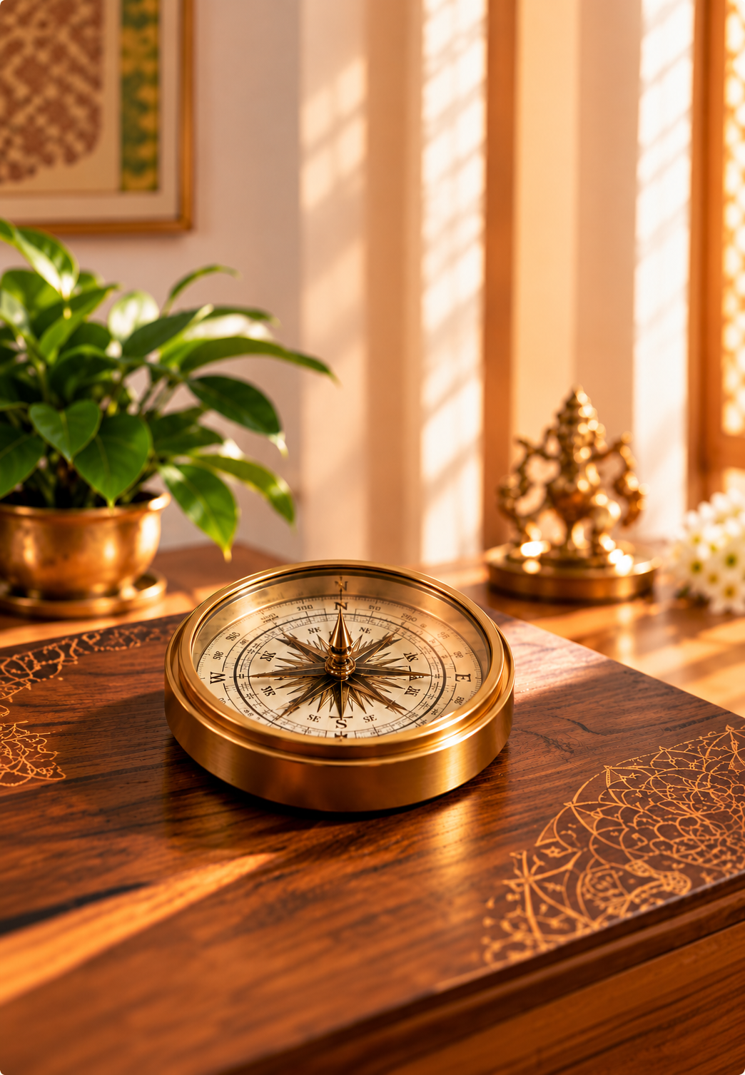 Vastu compass on a wooden table